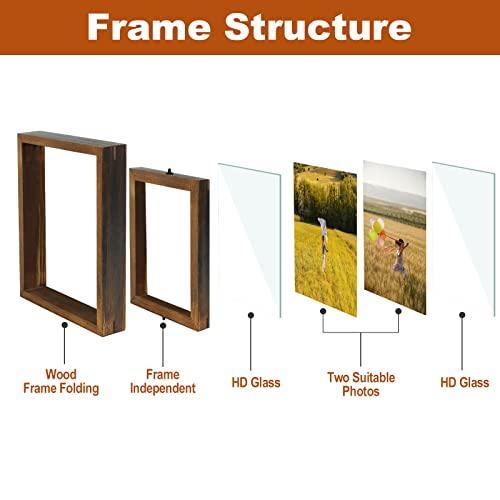 Egofine 2 Pack 5x7 Rotating Floating Picture Frames,Double-Sided Display with HD Glass Front Wooden Distressed Frame for Vertical or Horizontal Tabletop Display, Carbonization - SHOP NO2CO2