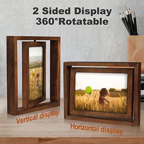 Egofine 2 Pack 5x7 Rotating Floating Picture Frames,Double-Sided Display with HD Glass Front Wooden Distressed Frame for Vertical or Horizontal Tabletop Display, Carbonization - SHOP NO2CO2