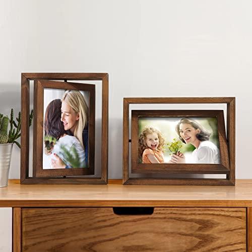 Egofine 2 Pack 5x7 Rotating Floating Picture Frames,Double-Sided Display with HD Glass Front Wooden Distressed Frame for Vertical or Horizontal Tabletop Display, Carbonization - SHOP NO2CO2