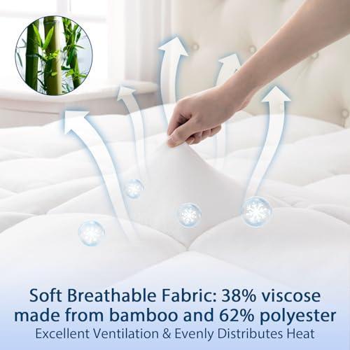 ELEMUSE Queen Cooling Bamboo Mattress Topper for Back Pain, Extra Thick Breathable Mattress pad Cover, Plush Soft Pillowtop with 8-21" Elastic Deep Pocket, Overfilled Down Alternative Filling - SHOP NO2CO2