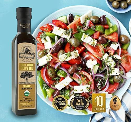 Ellora Farms, Organic Greek Extra Virgin Olive Oil and PDO, Traceable, Kosher and First Cold Press, High Polyphenols, 8.5 oz. Glass Bottles, Combo Pack of 2 (ORGANIC & PDO) - SHOP NO2CO2