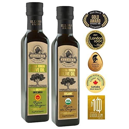 Ellora Farms, Organic Greek Extra Virgin Olive Oil and PDO, Traceable, Kosher and First Cold Press, High Polyphenols, 8.5 oz. Glass Bottles, Combo Pack of 2 (ORGANIC & PDO) - SHOP NO2CO2