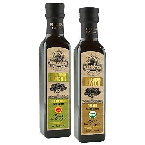 Ellora Farms, Organic Greek Extra Virgin Olive Oil and PDO, Traceable, Kosher and First Cold Press, High Polyphenols, 8.5 oz. Glass Bottles, Combo Pack of 2 (ORGANIC & PDO) - SHOP NO2CO2