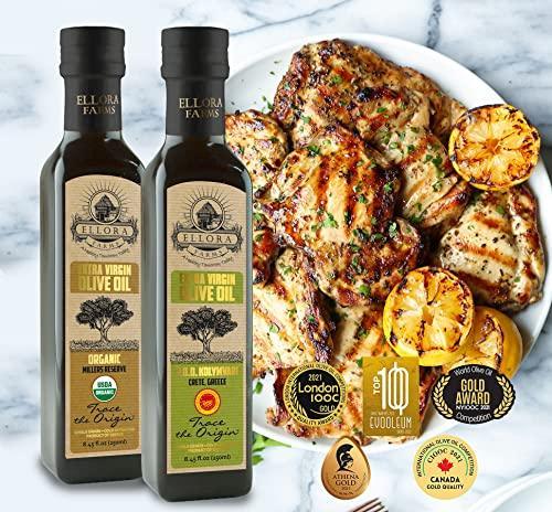 Ellora Farms, Organic Greek Extra Virgin Olive Oil and PDO, Traceable, Kosher and First Cold Press, High Polyphenols, 8.5 oz. Glass Bottles, Combo Pack of 2 (ORGANIC & PDO) - SHOP NO2CO2