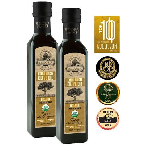 Ellora Farms, USDA Organic Greek Extra Virgin Olive Oil, Single Origin, Traceable, Global Gold Awards, First Cold Press, 8.45 oz. Bottle, Pack of 2 - SHOP NO2CO2