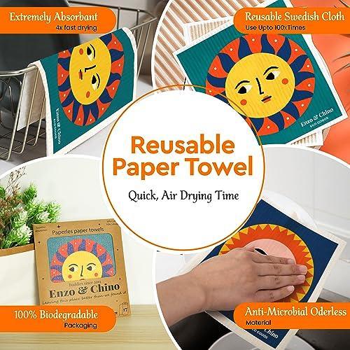 Enzo & Chino Swedish Dishcloths for Kitchen | Reusable Paper Towels Washable | 5 Pack Sun Print Swedish Dish Towels | Non-Scratch Cellulose Sponge Cloths | Biodegradable, No Odor - SHOP NO2CO2