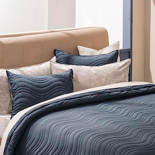 EVERGRACE Oversized Quilt Set 3 Pieces 94" x 96" Queen Bed Quilts Soft Reversible Bedding Bedspread Lightweight Stone-Washed Quilted Comforter Microfiber Coverlet, Foggy Blue - SHOP NO2CO2