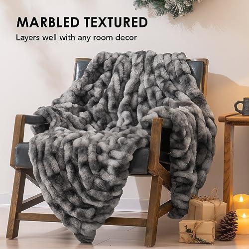 EVERGRACE Soft Faux Fur Throw Blanket Luxurious Ruched Blanket for Couch Bed Living Room Sofa Fuzzy Warm Throw Blanket with Reversible Mink Velvet for Christmas Holiday, Gray, 50"x60" - SHOP NO2CO2