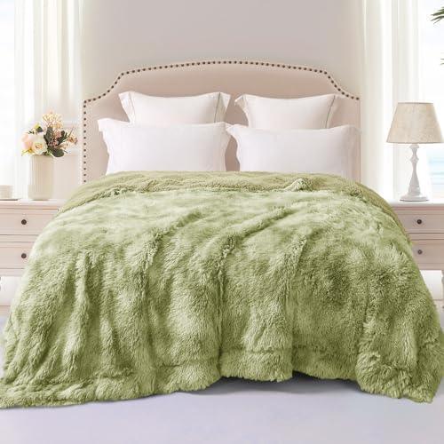 Exclusivo Mezcla Queen Size Faux Fur Bed Blanket, Super Soft Fuzzy and Plush Reversible Sherpa Fleece Blanket and Warm Blankets for Bed, Sofa, Travel, 90X90 inches, Olive Green - SHOP NO2CO2