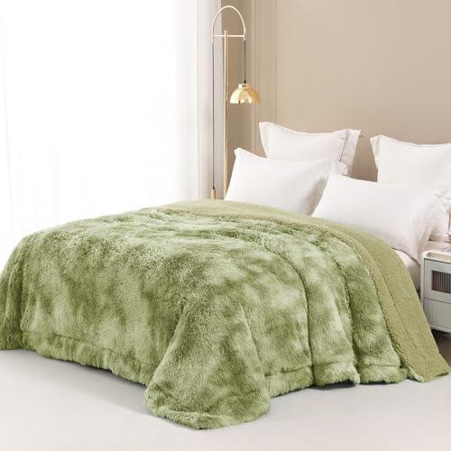 Exclusivo Mezcla Queen Size Faux Fur Bed Blanket, Super Soft Fuzzy and Plush Reversible Sherpa Fleece Blanket and Warm Blankets for Bed, Sofa, Travel, 90X90 inches, Olive Green - SHOP NO2CO2