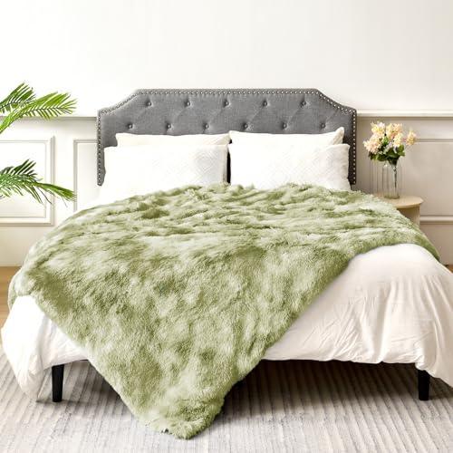 Exclusivo Mezcla Queen Size Faux Fur Bed Blanket, Super Soft Fuzzy and Plush Reversible Sherpa Fleece Blanket and Warm Blankets for Bed, Sofa, Travel, 90X90 inches, Olive Green - SHOP NO2CO2