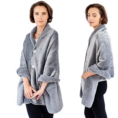 EzrAllora Premium Double Layer Poncho Blanket for Women -No Sleeves- Sherpa Fleece Shawl with Pockets -Wearable Blanket- Gifts for Mom and Grandma (Silver Grey) - SHOP NO2CO2