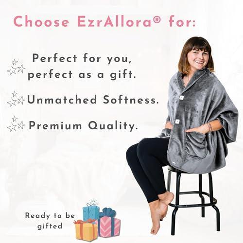 EzrAllora Premium Double Layer Poncho Blanket for Women -No Sleeves- Sherpa Fleece Shawl with Pockets -Wearable Blanket- Gifts for Mom and Grandma (Silver Grey) - SHOP NO2CO2