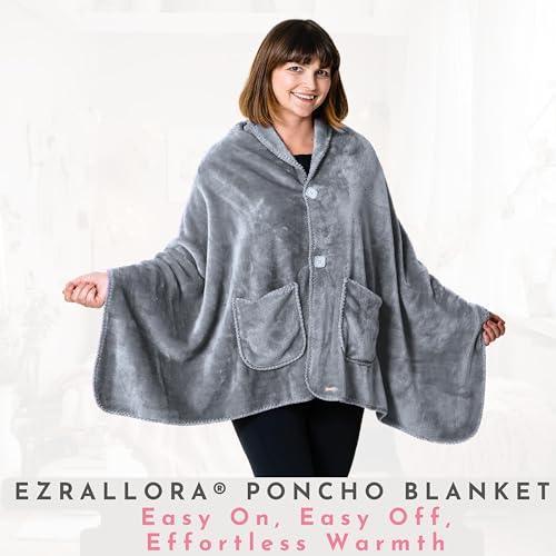 EzrAllora Premium Double Layer Poncho Blanket for Women -No Sleeves- Sherpa Fleece Shawl with Pockets -Wearable Blanket- Gifts for Mom and Grandma (Silver Grey) - SHOP NO2CO2