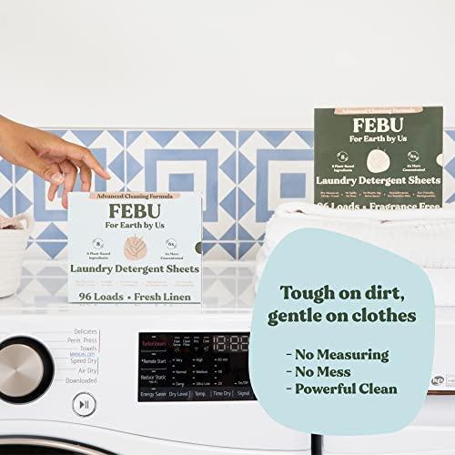 FEBU Eco Friendly Laundry Detergent Sheets | 32 Loads, Fresh Linen | 6x More Cleaning Power With Only 8 Plant-Based Ingredients | Hypoallergenic Laundry Sheets | Zero Waste Laundry Soap Sheets - SHOP NO2CO2