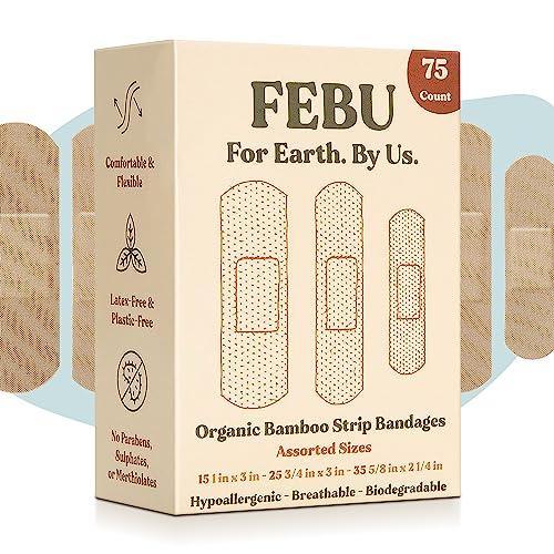 FEBU Eco-Friendly Organic Bamboo Fabric Bandages for Sensitive Skin | Flexible Latex Free Bandages | Natural Hypoallergenic Bandages for Scrapes, Cuts & First Aid | 75 Count Variety Pack - SHOP NO2CO2