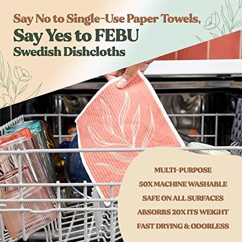 FEBU Swedish Dishcloths for Kitchen, 5 Pack, Dusty Rose, Reusable, Washable, Biodegradable, No Scratch, Cellulose Sponge - SHOP NO2CO2