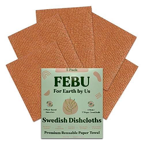 FEBU Swedish Dishcloths for Kitchen, 5 Pack, Dusty Rose, Reusable, Washable, Biodegradable, No Scratch, Cellulose Sponge - SHOP NO2CO2