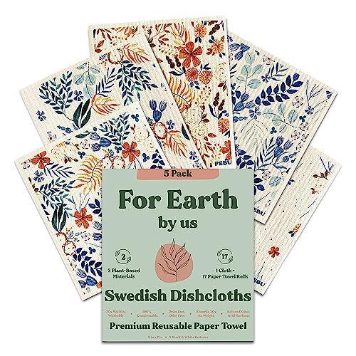 FEBU Swedish Dishcloths for Kitchen - 5 Pack, Fresh Flowers, Reusable, Washable, Biodegradable, No Scratch, Non-Toxic, Absorbent, Compostable, Vegan, Cotton - SHOP NO2CO2