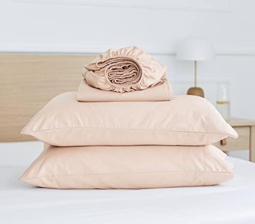 Five Looms 4 Piece Everyday Percale Sheets Set, 100% Cotton with Deep Pocket 15”, Easy Care Natural and Breathable Crisp Cooling Sheets Set, Fitted Sheet, Flat Sheet and 2 Pillowcases, Full, Blush - SHOP NO2CO2