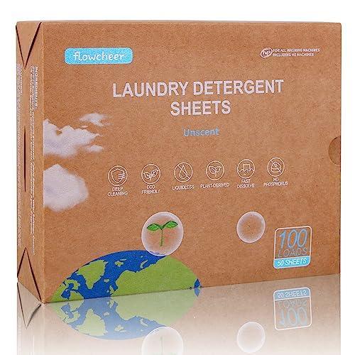 Flowcheer Laundry Detergent Sheets,Concentrated Travel Size,Hotel Essential,Power Cleaning Strips for Cleaner Clothes,Hand Wash,Eco-Friendly,LightWeight,No Fragrance Unscented Scent,100 Loads - SHOP NO2CO2