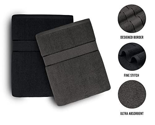 Fluffyn 100% Cotton Fancy Bath Towels -Towels for Bathroom - Eco-Friendly, Super Soft, Highly Absorbent Bath Towels - Oeko-Tex Certified - 27" x 54" Inches (Grey/Black, Bath Towels Set of 4) - SHOP NO2CO2