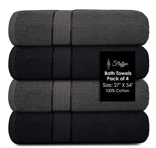 Fluffyn 100% Cotton Fancy Bath Towels -Towels for Bathroom - Eco-Friendly, Super Soft, Highly Absorbent Bath Towels - Oeko-Tex Certified - 27" x 54" Inches (Grey/Black, Bath Towels Set of 4) - SHOP NO2CO2