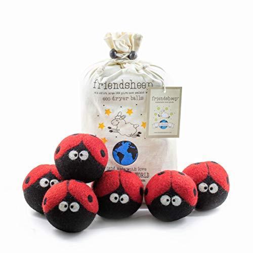 Friendsheep Wool Dryer Balls 6 Pack XL Organic Premium Reusable Cruelty Free Handmade Fair Trade No Lint Fabric Softener Ladybugs - Laundrybugs - SHOP NO2CO2