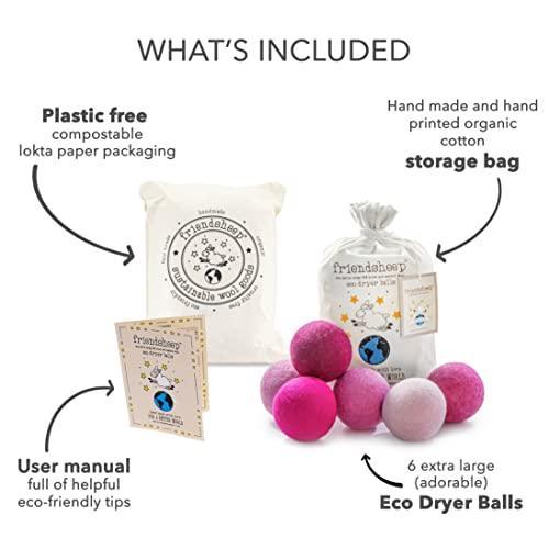 Friendsheep Wool Dryer Balls 6 Pack XL Organic Premium Reusable Cruelty Free Handmade Fair Trade No Lint Fabric Softener - Pink Valentine - SHOP NO2CO2