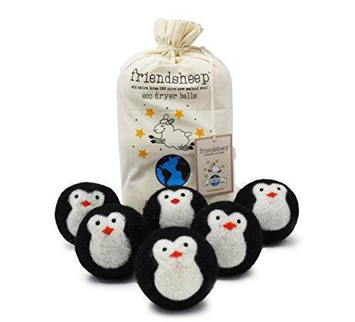 Friendsheep Wool Dryer Balls, Organic Fair Trade Reusable Fabric Softener, Extra Large, 6 Pack, Black Penguin - Cool Friends - SHOP NO2CO2