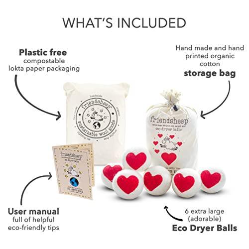 Friendsheep Wool Dryer Balls Red Heart 6 Pack XL Organic Premium Reusable Cruelty Free Handmade Fair Trade No Lint Fabric Softener - One Love - SHOP NO2CO2