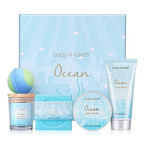 Gifts for Women, Bath Set with Ocean Scented Spa Gifts for Her, Includes Scented Candle, Body Butter, Hand Cream, Bath Bar and Bomb, 5 Pcs Bath Gift Sets, Gifts Set for Women, Christmas Gifts - SHOP NO2CO2