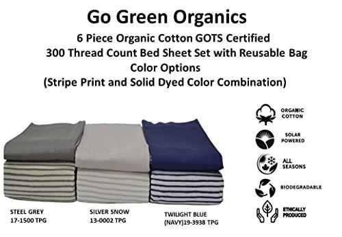 GO GREEN ORGANICS 300 Thread Count GOTS Certified Organic Cotton Sateen Bed Sheet Set (Queen, Silver Snow Stripes Flat Sheet, Solid Dyed Fitted Sheet & 2 Printed and 2 Solid Dyed Pillow Shams) - SHOP NO2CO2