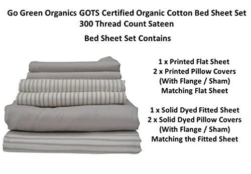 GO GREEN ORGANICS 300 Thread Count GOTS Certified Organic Cotton Sateen Bed Sheet Set (Queen, Silver Snow Stripes Flat Sheet, Solid Dyed Fitted Sheet & 2 Printed and 2 Solid Dyed Pillow Shams) - SHOP NO2CO2