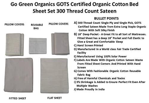 GO GREEN ORGANICS 300 Thread Count GOTS Certified Organic Cotton Sateen Bed Sheet Set (Queen, Silver Snow Stripes Flat Sheet, Solid Dyed Fitted Sheet & 2 Printed and 2 Solid Dyed Pillow Shams) - SHOP NO2CO2