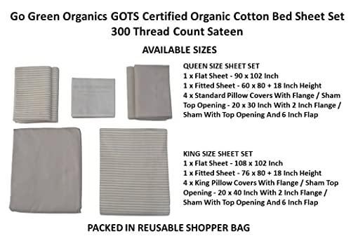 GO GREEN ORGANICS 300 Thread Count GOTS Certified Organic Cotton Sateen Bed Sheet Set (Queen, Silver Snow Stripes Flat Sheet, Solid Dyed Fitted Sheet & 2 Printed and 2 Solid Dyed Pillow Shams) - SHOP NO2CO2