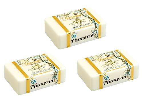 Grecian Goats Milk & Olive Oil Soap Bar 3-pack Plumeria Scent: Handmade, All-Natural, Soap for Dry & Sensitive Skin, Anti-Aging, pH-Balanced, RSPO Sustainable - 4oz Bar - SHOP NO2CO2