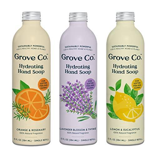 Grove Co. Hydrating Gel Hand Soap Refills (3 x 13 Fl Oz) Plastic-Free Liquid Hands Cleaner Refill, Leaves Hands Soft and Clean, 100% Natural Lemon & Eucalyptus + Lavender & Thyme + Orange & Rosemary - SHOP NO2CO2