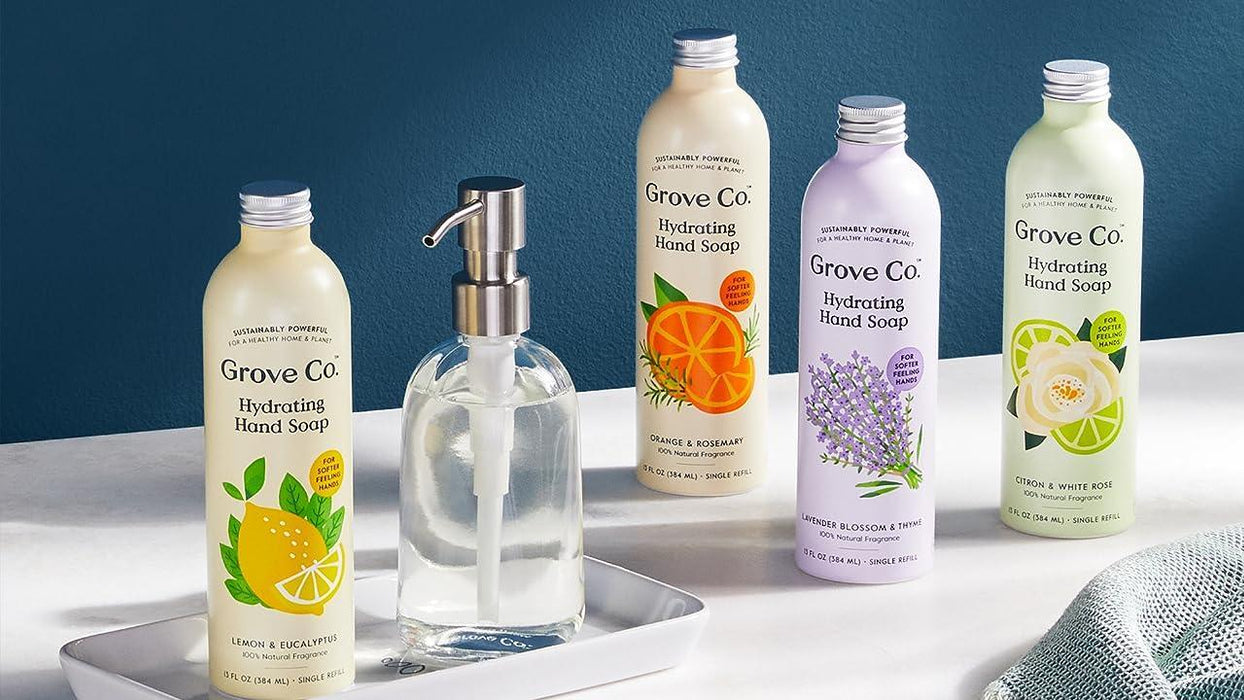 Grove Co. Hydrating Gel Hand Soap Refills (3 x 13 Fl Oz) Plastic-Free Liquid Hands Cleaner Refill, Leaves Hands Soft and Clean, 100% Natural Lemon & Eucalyptus + Lavender & Thyme + Orange & Rosemary - SHOP NO2CO2