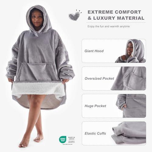 GRT Wearable Blanket Hoodie Women - Oversized Sherpa Thick Hooded Blanket as Gifts for Adult Women Men, Warm Cozy Wearable Blanket Giant Sweatshirt Blanket with Huge Pocket and Sleeves (Light Grey) - SHOP NO2CO2