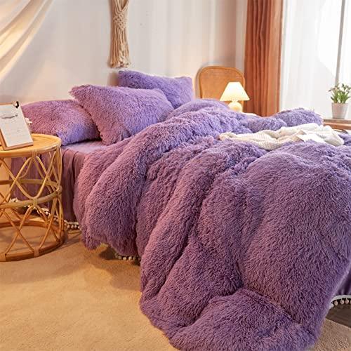 HAIHUA Fluffy Purple Comforter Cover Queen Set，Faux Fur Purple Bedding Sets Queen 3 Pieces(1 Plush Duvet Cover +2 Shaggy Pillowcases) Fuzzy Purple Bed Set, (Purple, Queen) - SHOP NO2CO2