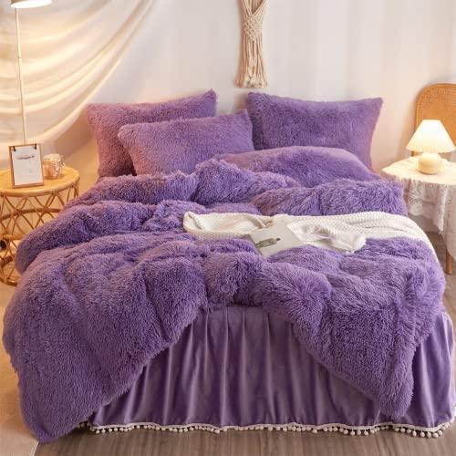 HAIHUA Fluffy Purple Comforter Cover Queen Set，Faux Fur Purple Bedding Sets Queen 3 Pieces(1 Plush Duvet Cover +2 Shaggy Pillowcases) Fuzzy Purple Bed Set, (Purple, Queen) - SHOP NO2CO2