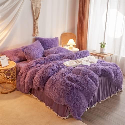 HAIHUA Fluffy Purple Comforter Cover Queen Set，Faux Fur Purple Bedding Sets Queen 3 Pieces(1 Plush Duvet Cover +2 Shaggy Pillowcases) Fuzzy Purple Bed Set, (Purple, Queen) - SHOP NO2CO2