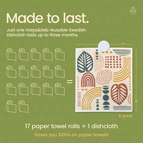 Harps&Seb Reusable Swedish Dishcloths, Super Absorbent Washable Swedish Dish Towels with Convenient Hanging Clips, No Odor, Biodegradable, Non-Scratch Reusable Paper Towels, 6-Pack - SHOP NO2CO2