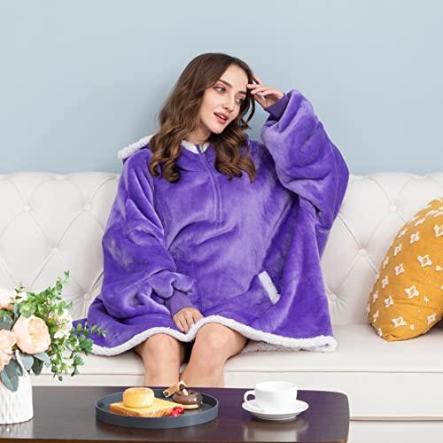 HBlife Oversized Wearable Blanket Hoodie for Adult, Thick Sherpa Sweatshirt with Elastic Sleeves and Giant Pockets Warm and Cozy Fuzzy Plush Fleece Blanket Jacket, Purple - SHOP NO2CO2