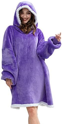 HBlife Oversized Wearable Blanket Hoodie for Adult, Thick Sherpa Sweatshirt with Elastic Sleeves and Giant Pockets Warm and Cozy Fuzzy Plush Fleece Blanket Jacket, Purple - SHOP NO2CO2