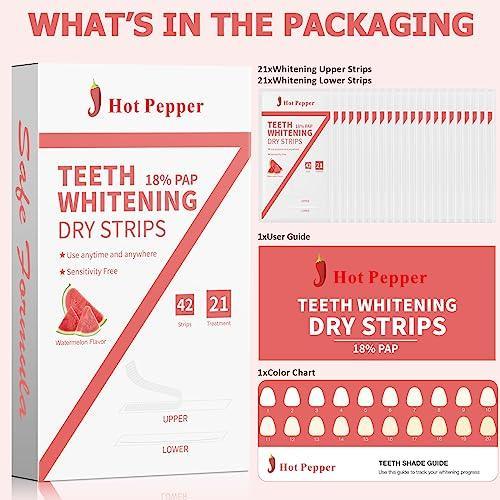 Hot Pepper Teeth Whitening Strips, 42 (21 Pairs) Professional Tooth Whitening Strip for Sensitive Teeth Whiteners, Peroxide Free Gentle and Safe Whitening Kit with 18% Pap, Watermelon Flavored - SHOP NO2CO2