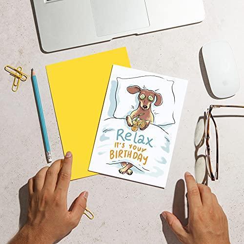 Huxters ‘Relax, It’s Your Birthday’ Humourous A5 Illustrated Dog Slogan Card - Fun Gift for Him or Her - Recyclable Paper with Envelope - Greetings Card, FSC Certified and Sustainable… - SHOP NO2CO2