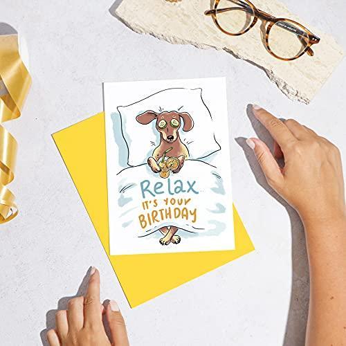 Huxters ‘Relax, It’s Your Birthday’ Humourous A5 Illustrated Dog Slogan Card - Fun Gift for Him or Her - Recyclable Paper with Envelope - Greetings Card, FSC Certified and Sustainable… - SHOP NO2CO2