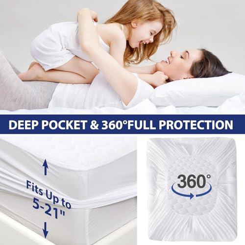 HYMOKEGE Quilted Waterproof Mattress Protector, Mattress Cover Queen Size Bed Breathable, Noiseless Mattress Pad with Deep Pocket, Fitted 5-21" Deep - SHOP NO2CO2